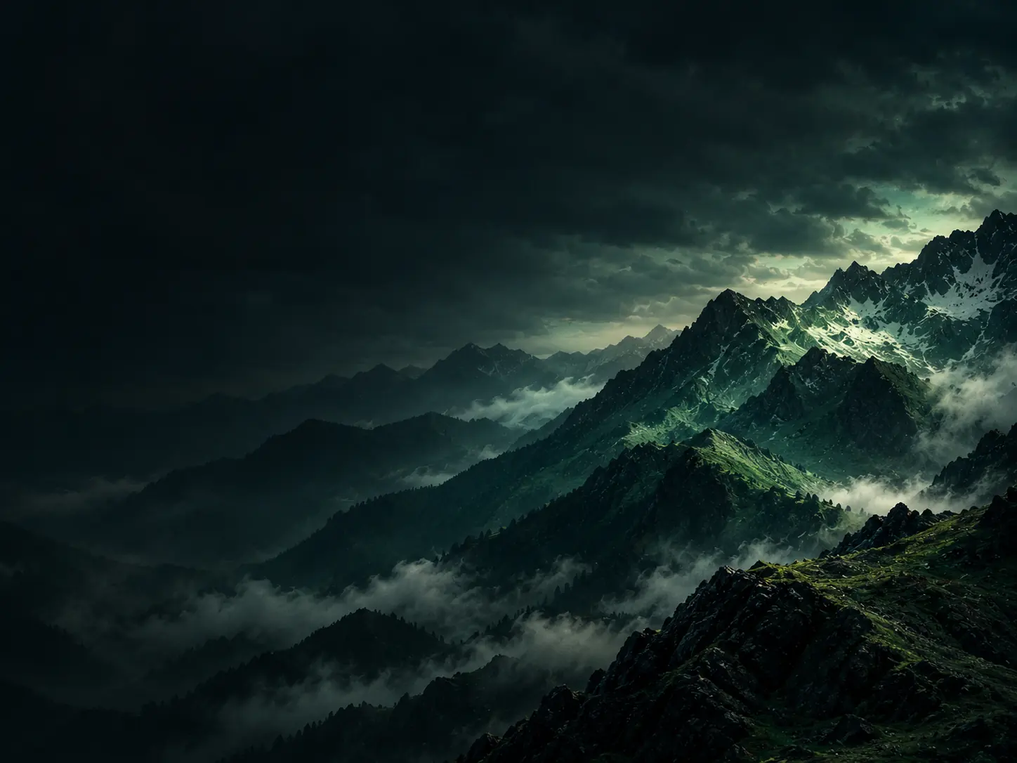 Misty green mountain ridges beneath a dark, stormy sky
